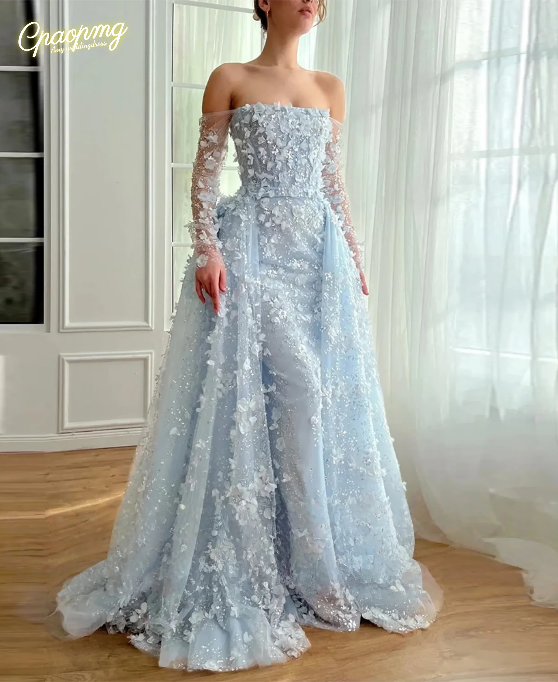 

Customized Exquisite Women's Evening Dresses 2026 A-line Organza Dress Light Blue Off-the-shoulder Applique Party Gown Long