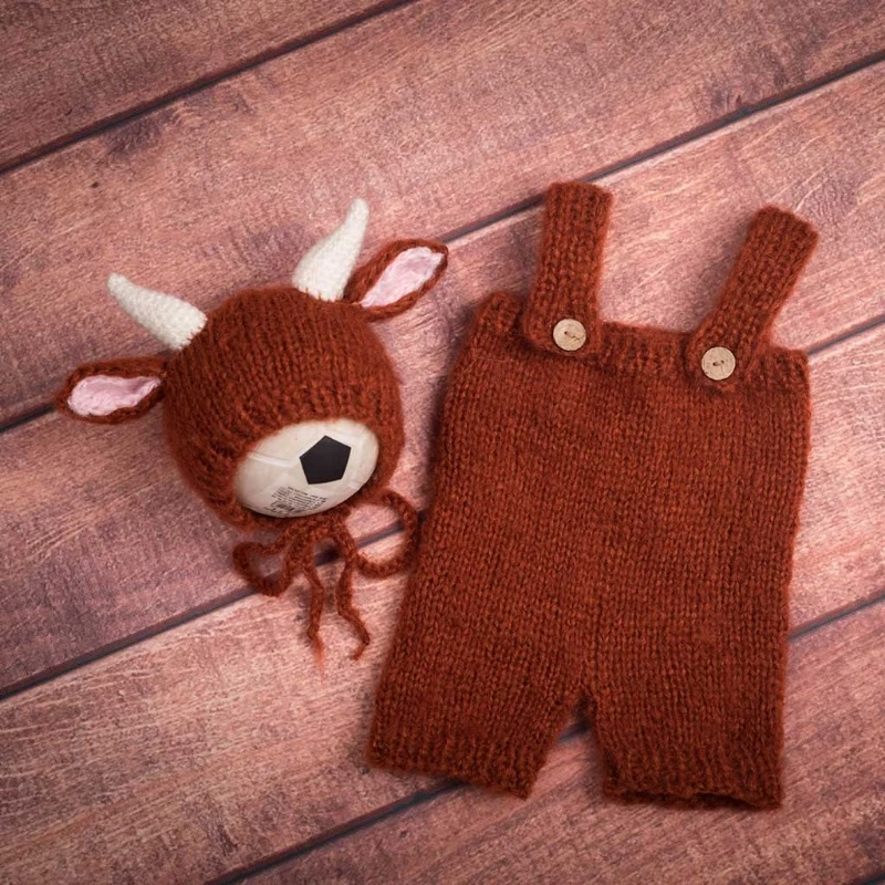 

Attractive Knitted Outfit Coffee Cow for Doll Hat Set 3x Photo Props Gift Baby K New Dropship