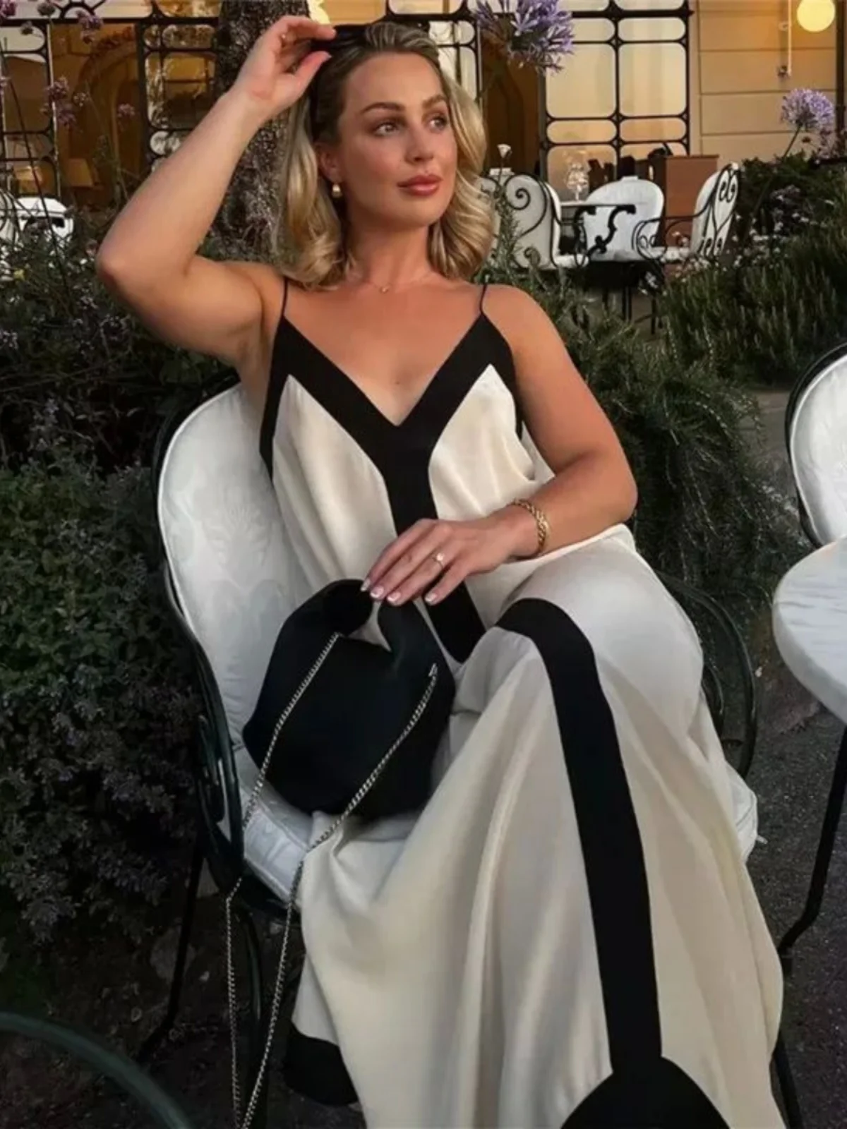 فستان فضفاض مخطط بدون أكمام وياقة على شكل V للنساء، تنورة طويلة واسعة الساق بتصميم مرقع، فستان على شكل حرف A بأسلوب الشارع، م... #2