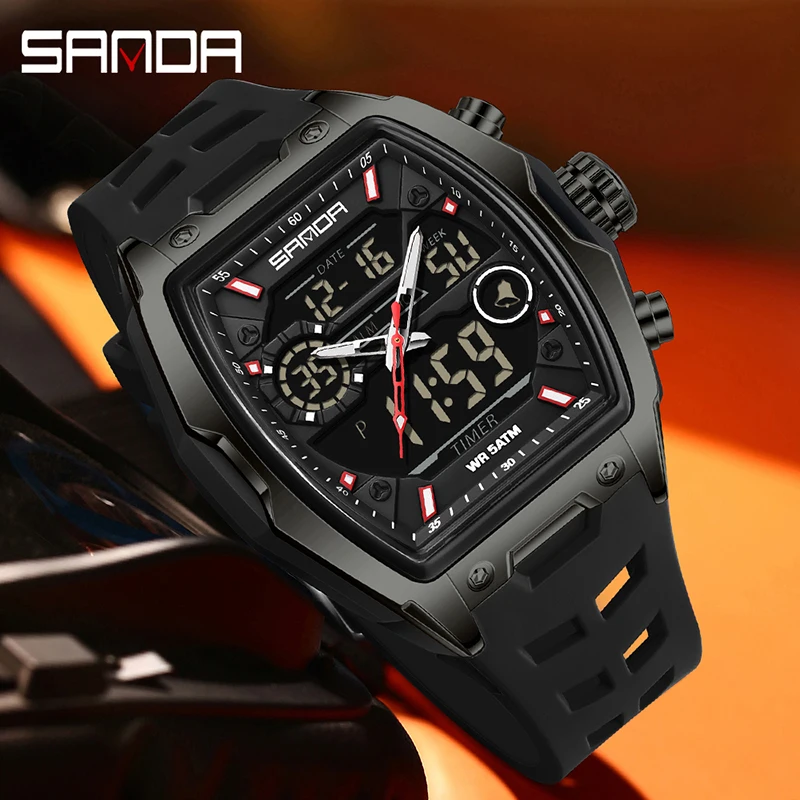 SANDA Dual Display Men Sport Watch 5Bar Waterproof Digital Calendar Chronograph Watch Tonneau Dial LED Luminous Quartz Men Watch