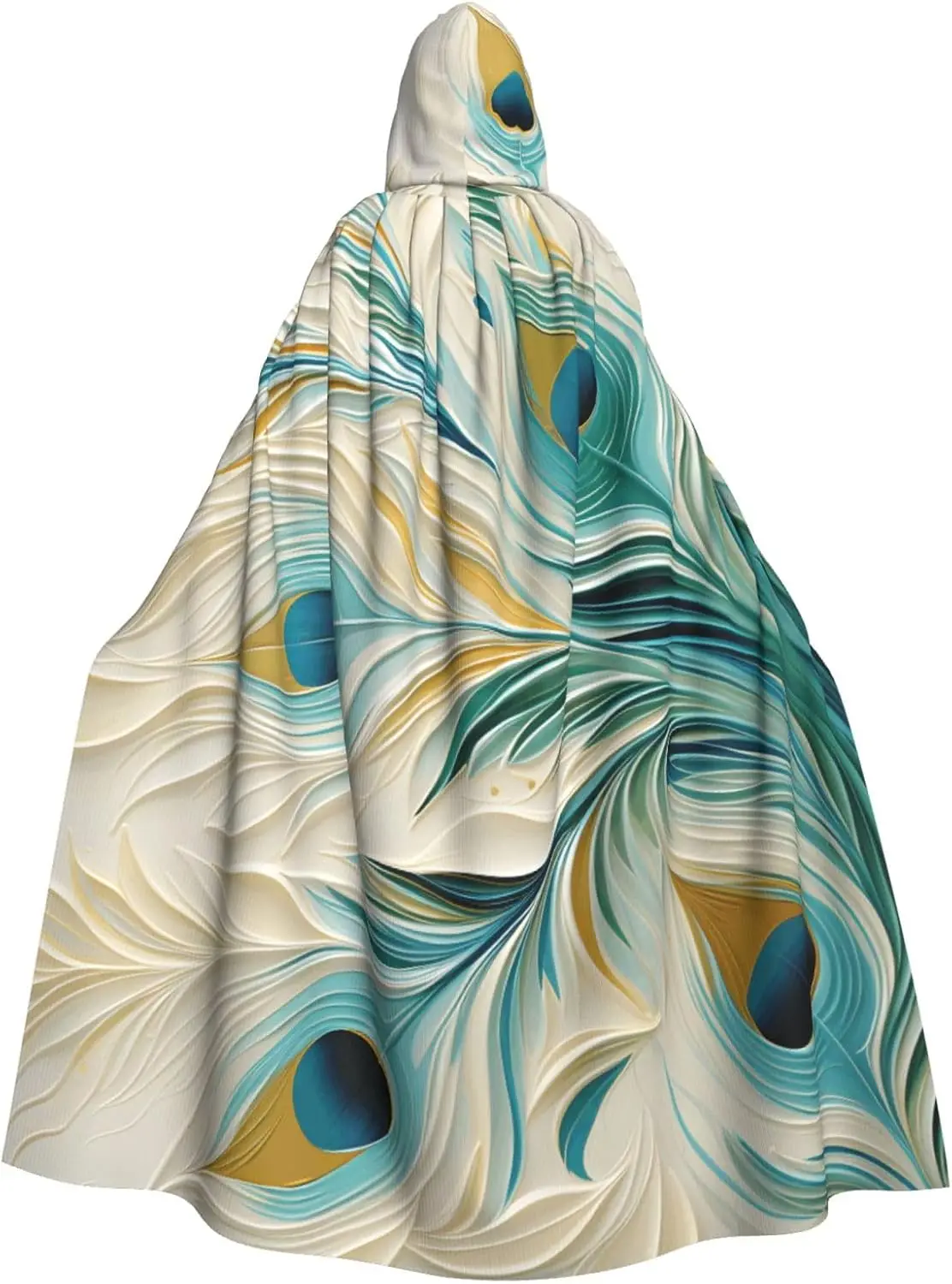 Cloak with Hood Women Men Peacock Feather Texture Cape Halloween Costumes Cosplay Costume