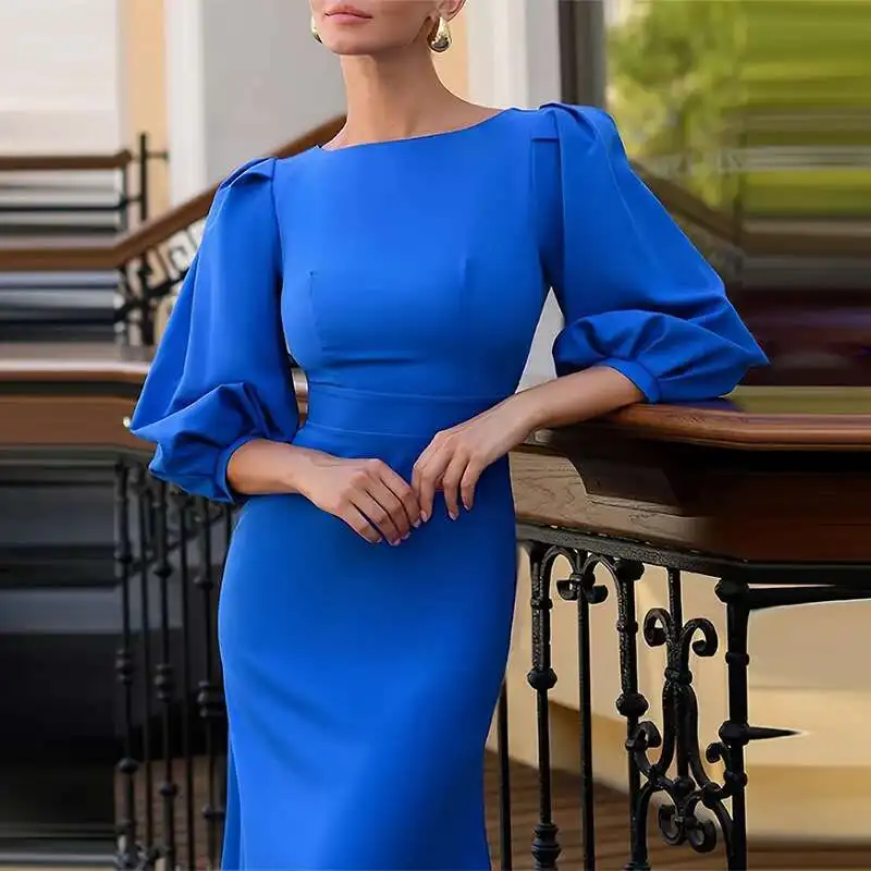 Female Elegant High Waist Solid Color Long New Bow Tie Up Slim Fit A-Line Casual O Neck Button Backless Party Dress