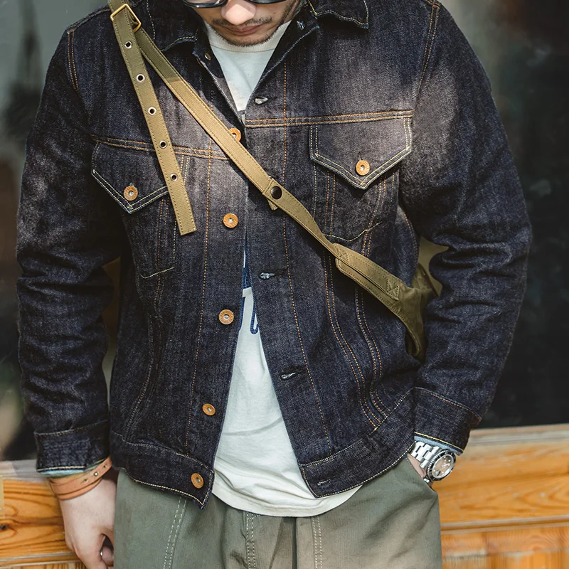 Maden Men's Vintage Type III Jacket 14.8oz Washed Denim Jackets Solid Color Slim Fit Cotton Coat Tops for Spring and Autumn