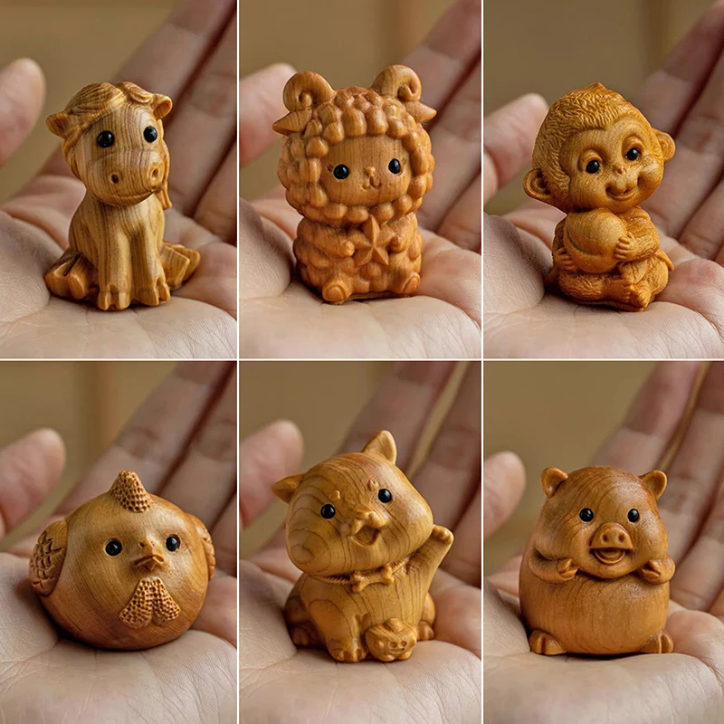 Wood Carving Twelve Zodiac Mini Ornaments Mouse Ox Tiger Rabbit Dragon Snake Office Desktop Cute Animal Decorations Kids Gift