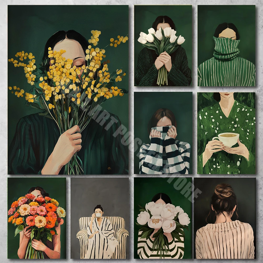 Smaragdgrüne abstrakte Menschen, Kunstposter, Frau mit Blumen, minimales Japandi-weibliches abstraktes Poster, Wandkunst, abstrakte eklektische Drucke