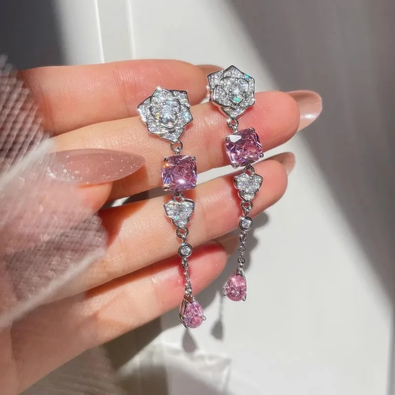 2023 New Arrival 925 Sterling Silver Water Drop Zircon Jewelry Set Female Luxury Wedding Engagement Flower Ring/Earring/Necklace