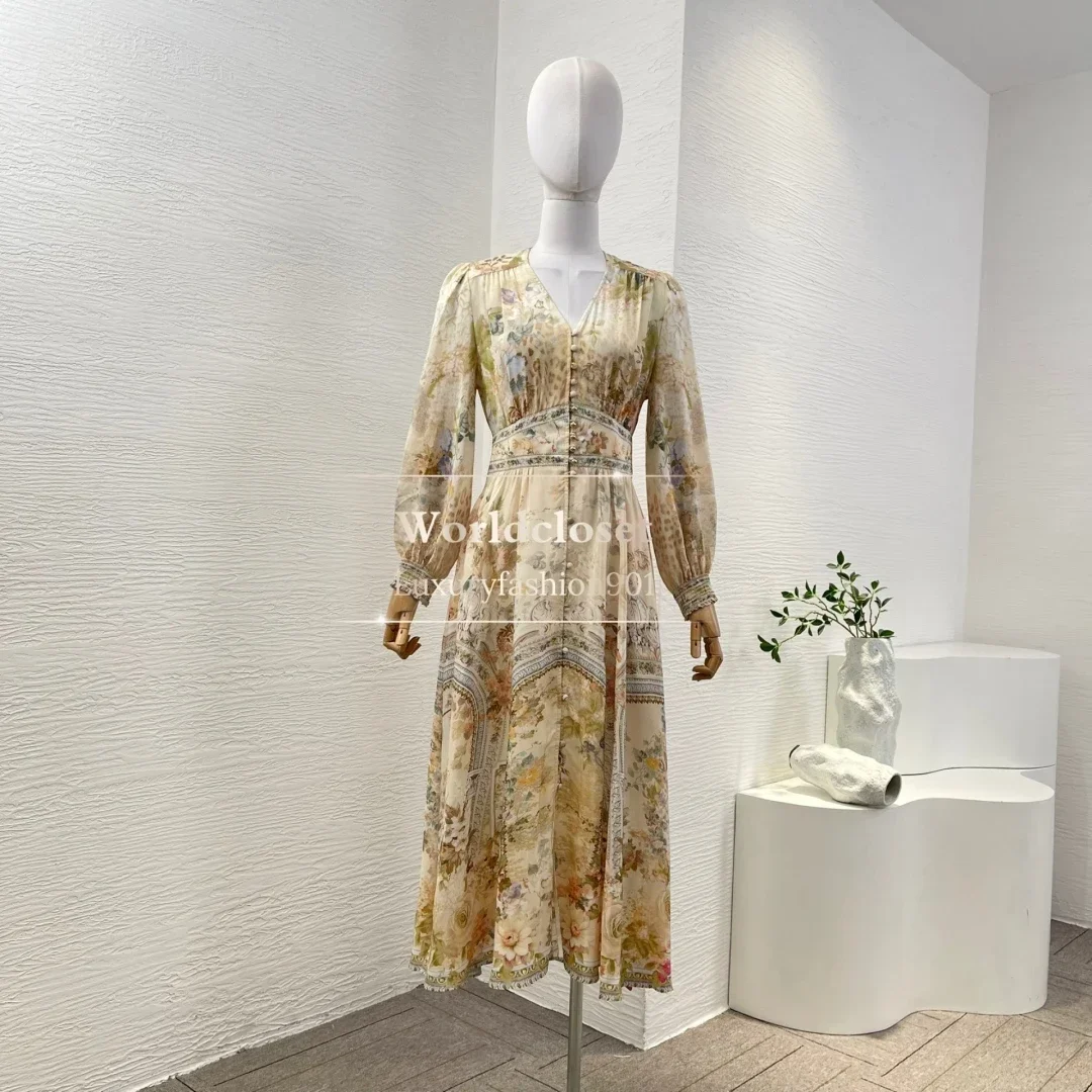 Abito longuette a maniche lunghe 2025 Beige Stampa floreale a vita alta in seta