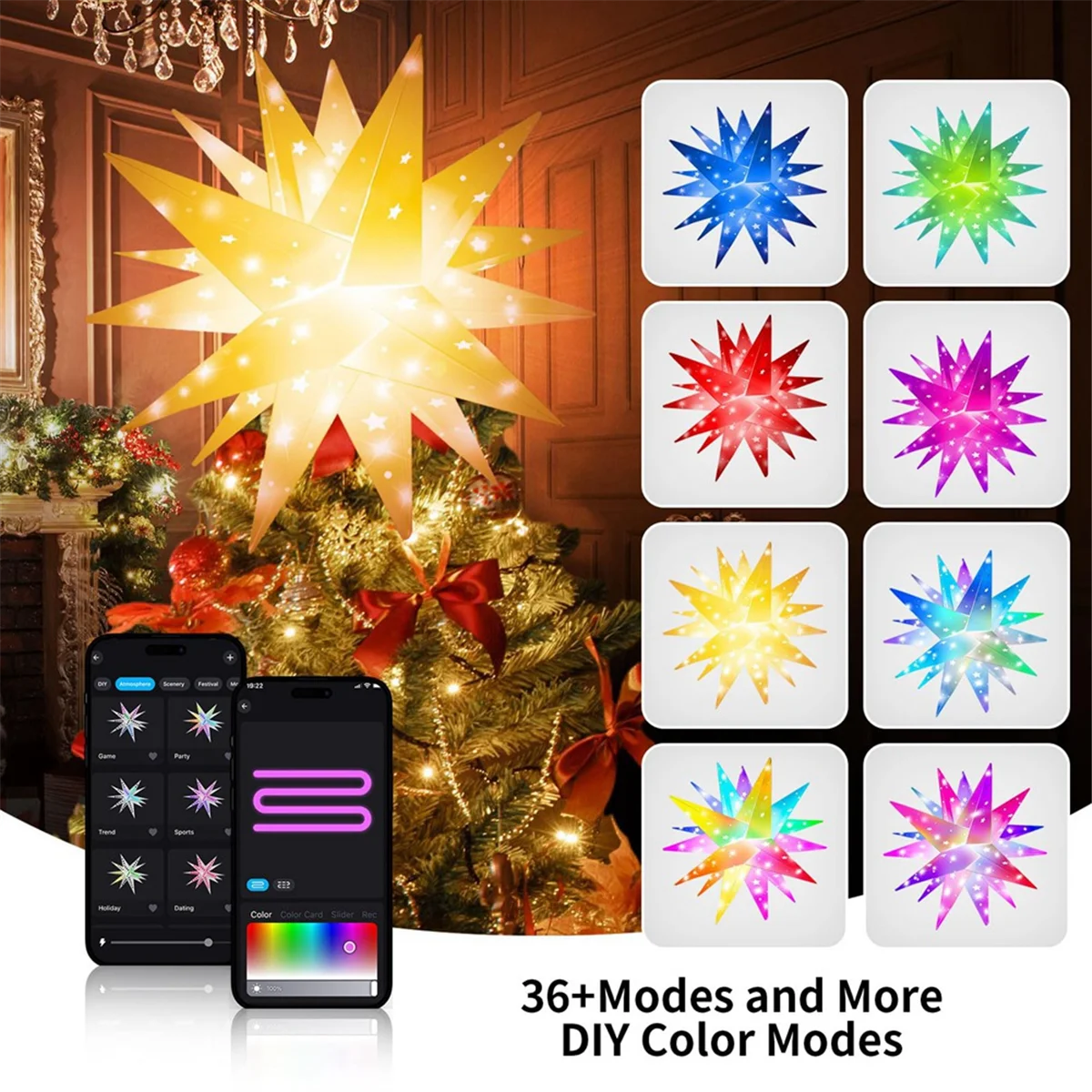 Inteligente 3D LED Star Light, RGB, Árvore de Natal, Luzes remotas, Pingente de música, Varante, Decoração ao ar livre, US Plug B