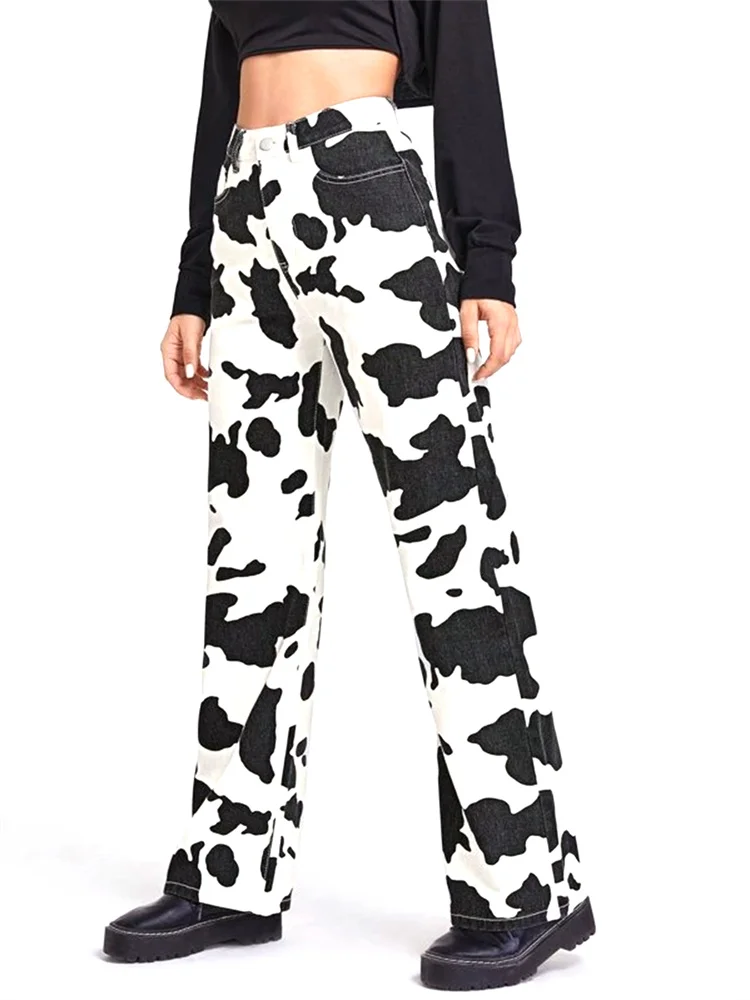 أزياء المرأة الجينز البقرة نمط عالية الخصر مستقيم السراويل الطويلة الشارع الشهير السراويل الدنيم #5