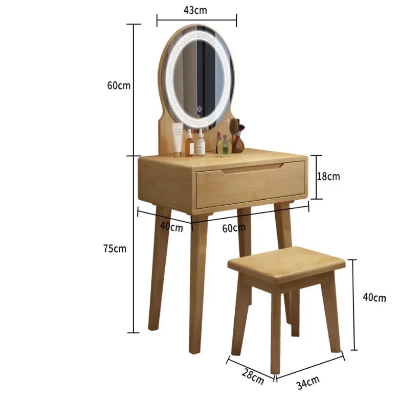 

-LED Light Vanity Desk Makeup Solid Wood Drawer Small Girls Women Table With Mirror And Drawers