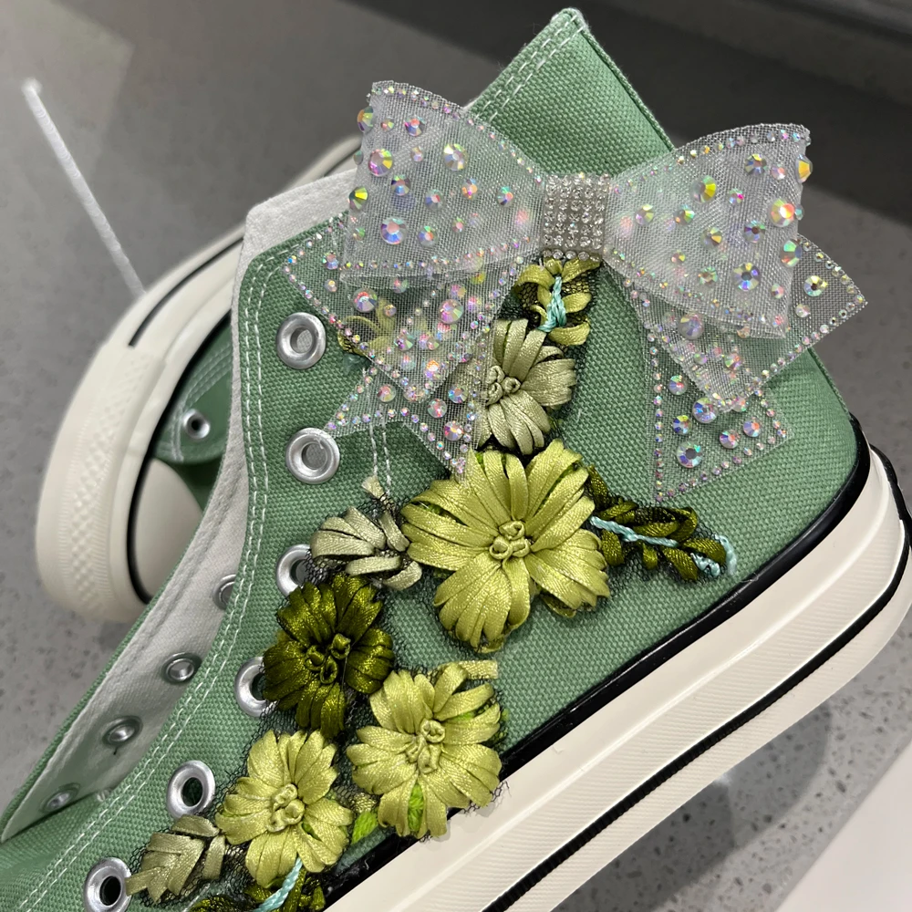 mambo Style Green Bow Embroidered Flowers Candy-colored Canvas Shoes very popular