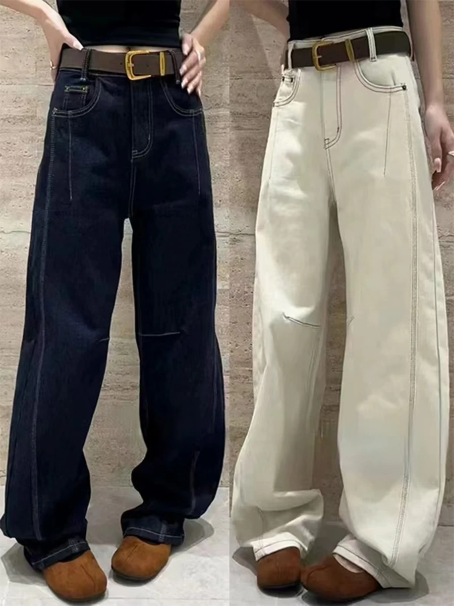 

Женские джинсы-харланы больших размеров с прямыми штанинами, высокой талией, свободного кроя, визуально стройнящие, широкие брюки, осенне-зимние, новые, повседневные, джинсовые