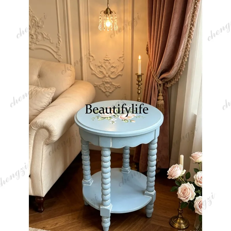 Original order Antique style blue hand-painted furniture Round table Two-layer flower stand