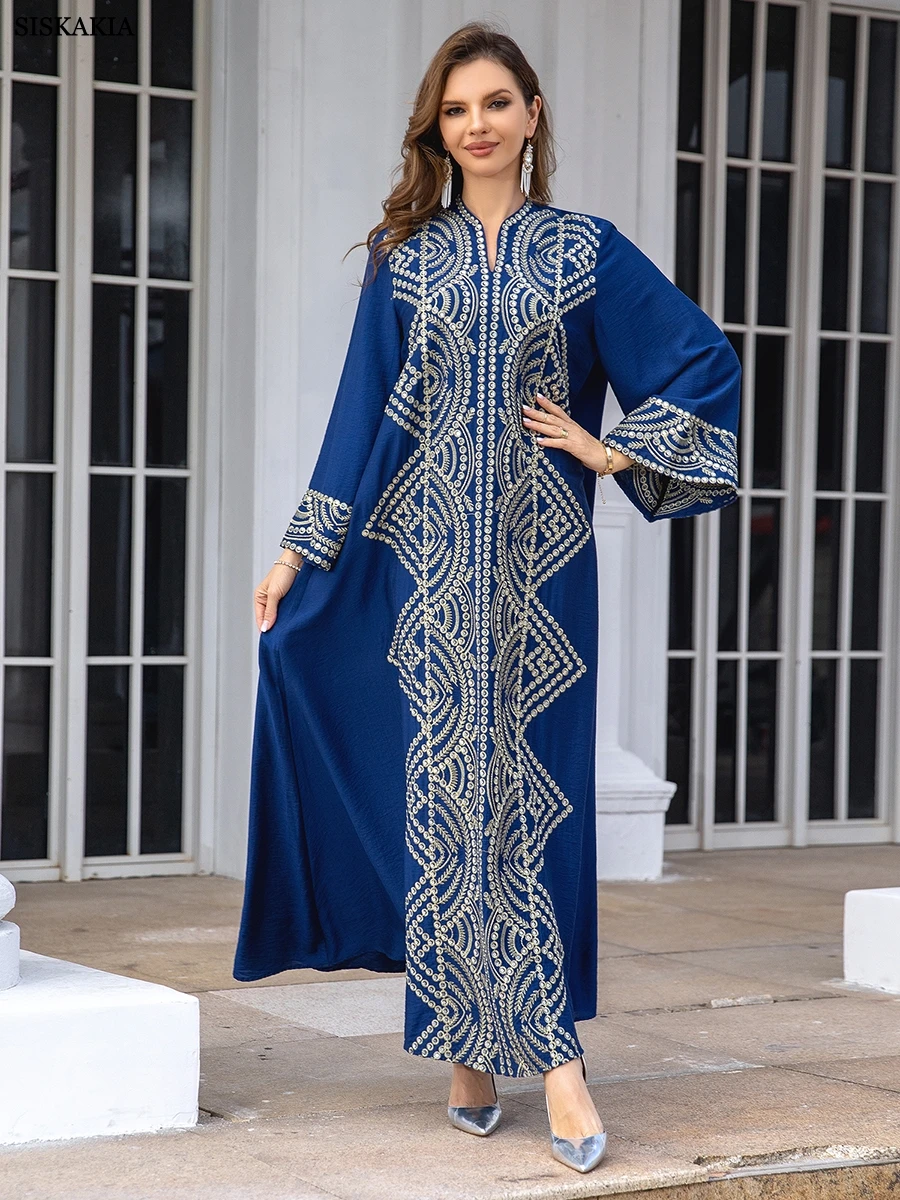Siskakia Fashion Dubai Women Dress Floral Embroidery Abayas Long Sleeve Notched V-Neck Loose Skirt Arabic Party Dress