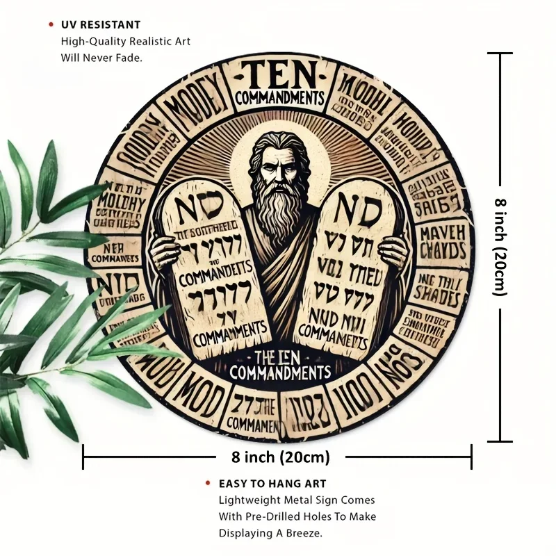 Ancient Moses Ten Commandments Graphic Round Metal Tin Sign 2D Printed 1PC 20x20cm Retro Faith Iron Plaque Wall Decor