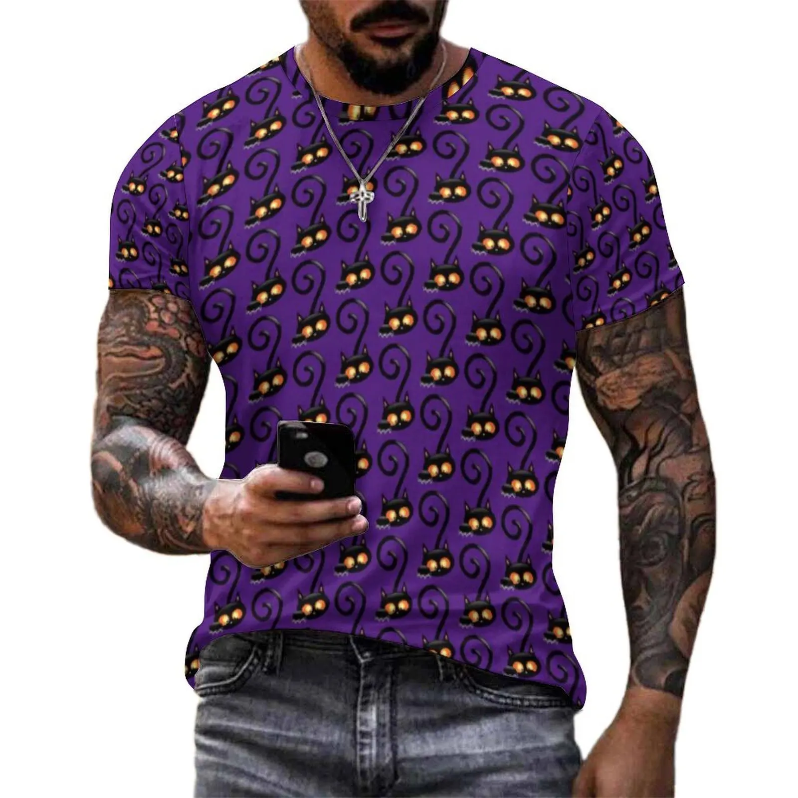 Spooky Black Cat T-Shirt Happy Halloween Vintage T Shirts Couple Awesome Tshirt Summer Short Sleeves Design Tops Big Size 6XL