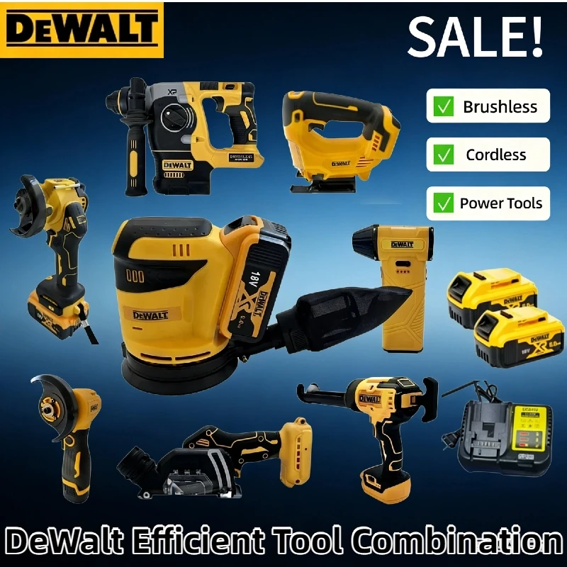 

Набор DeWalt: беспроводная угловая шлифмашина, резак, компрессор, пистолет для герметика, ударный молоток, смазочный пистолет для аккумуляторных инструментов DeWalt.