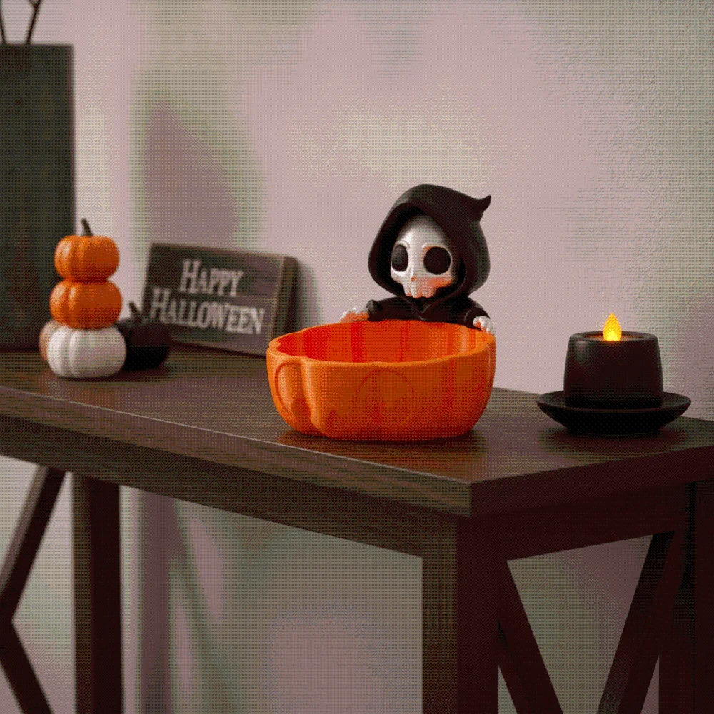 Orange Grim Reaper Candy Bowl Lightweight Rigid 3D Printed Pumpkin Dish Odourless Flat-Bottom PLA Desktop Organizer