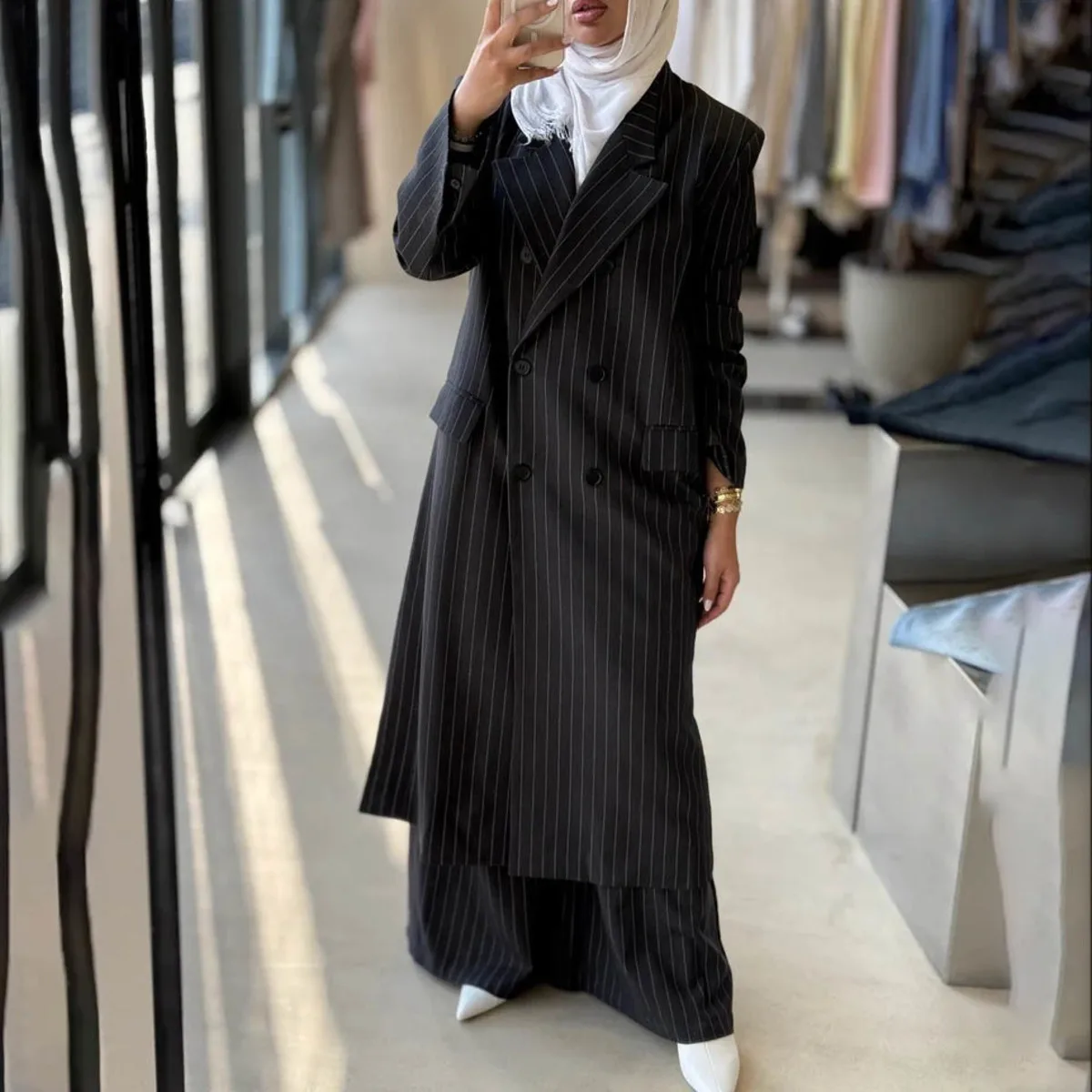 

VTKW Woman's Striped Double-breasted Versatile Design High-quality Irregular Loose Long Coat For 2025 Spring