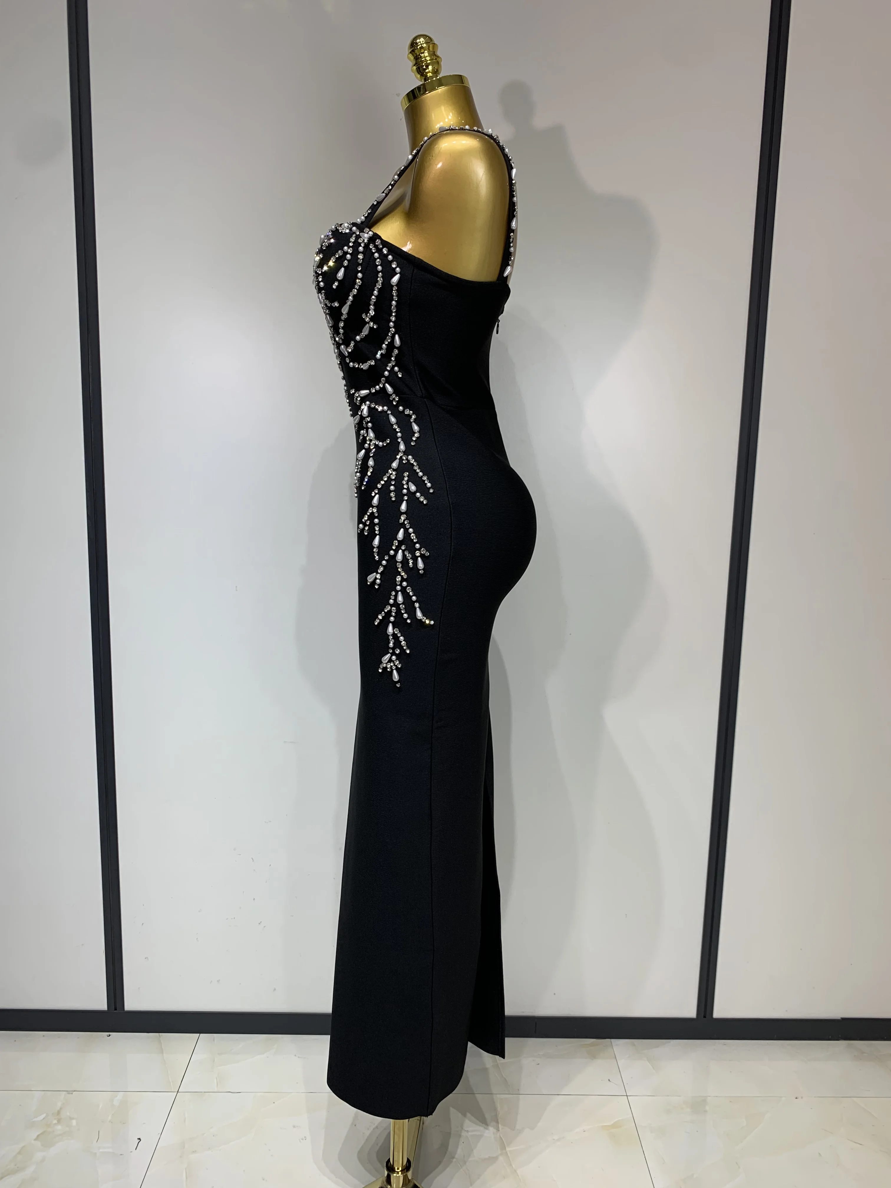 bodycon bandage dress black One Shoulder Lace Bodycon Bandage Dress Long Sleeve Celebrity Black Bandage Dress / S main image 0