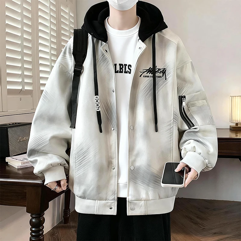 

ex Casual Loose Fit Windbreaker Jaet with Detachable Hat Spring Autumn Season Faionable American Sle Loose Outerwear