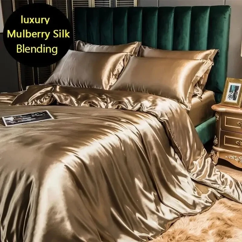 

Blending Mulberry Silk Bedding Set with Duvet Cover Sheets Pillowcase European Style Luxury Couple Queen Sliky Bed Sheet Set