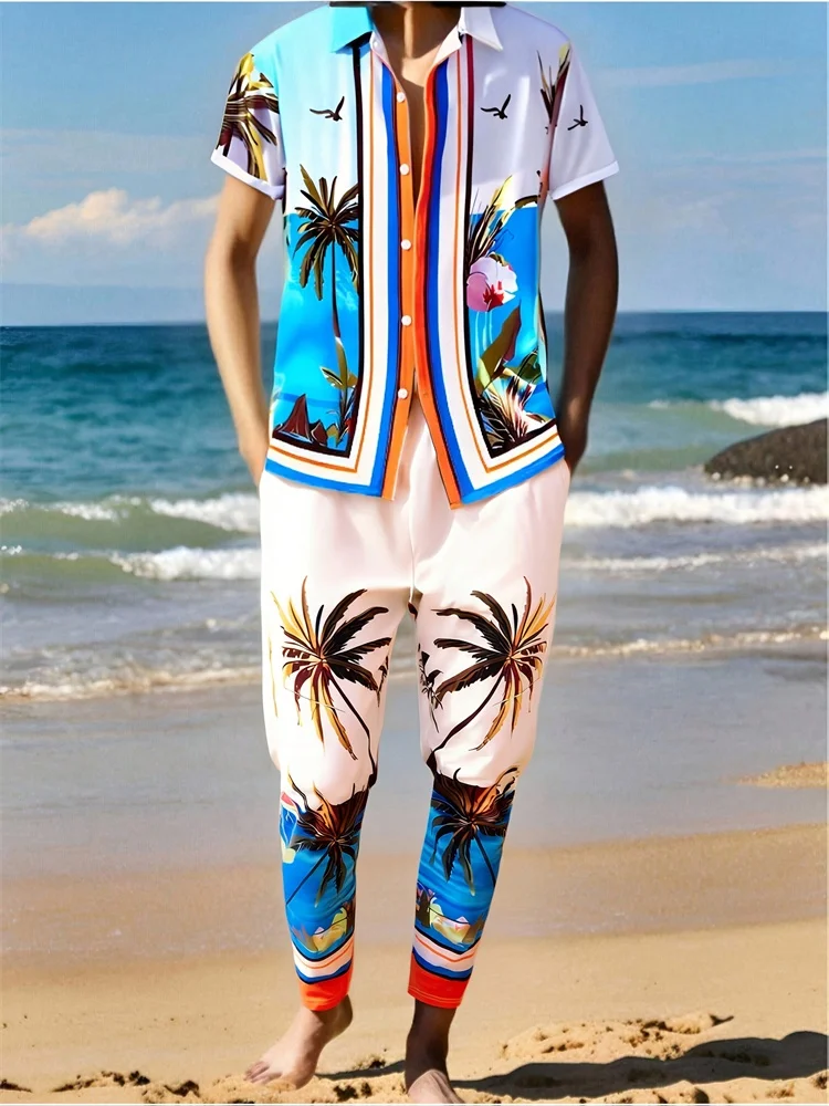 ชุดเสื้อเชิ้ตชายหาดลำลองลายต้นมะพร้าวสีสันสดใสสำหรับผู้ชาย ชุดเสื้อเชิ้ตปกและกางเกงขายาวพิมพ์ลาย 3 มิติ ไซส์ S-2XL