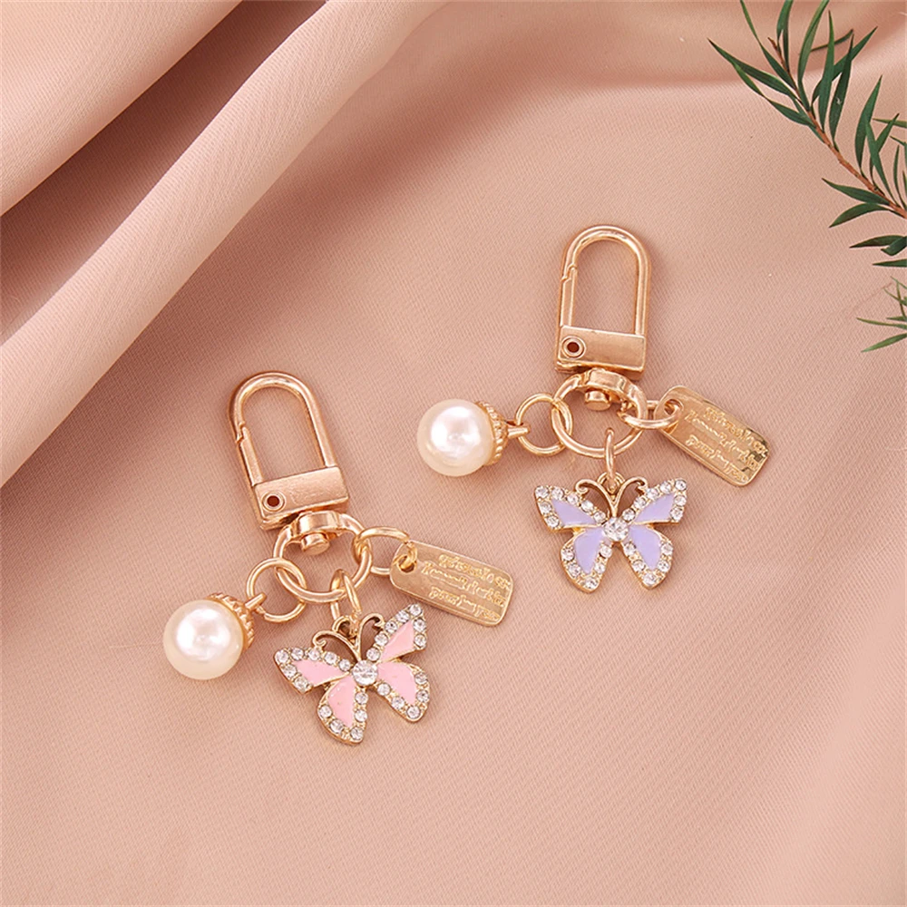 Exquisite Rhinestone Butterfly Keychain Cute Pearl Metal Tag Keyring For Women Handbag Ornaments Charms Friend Gifts Accessories