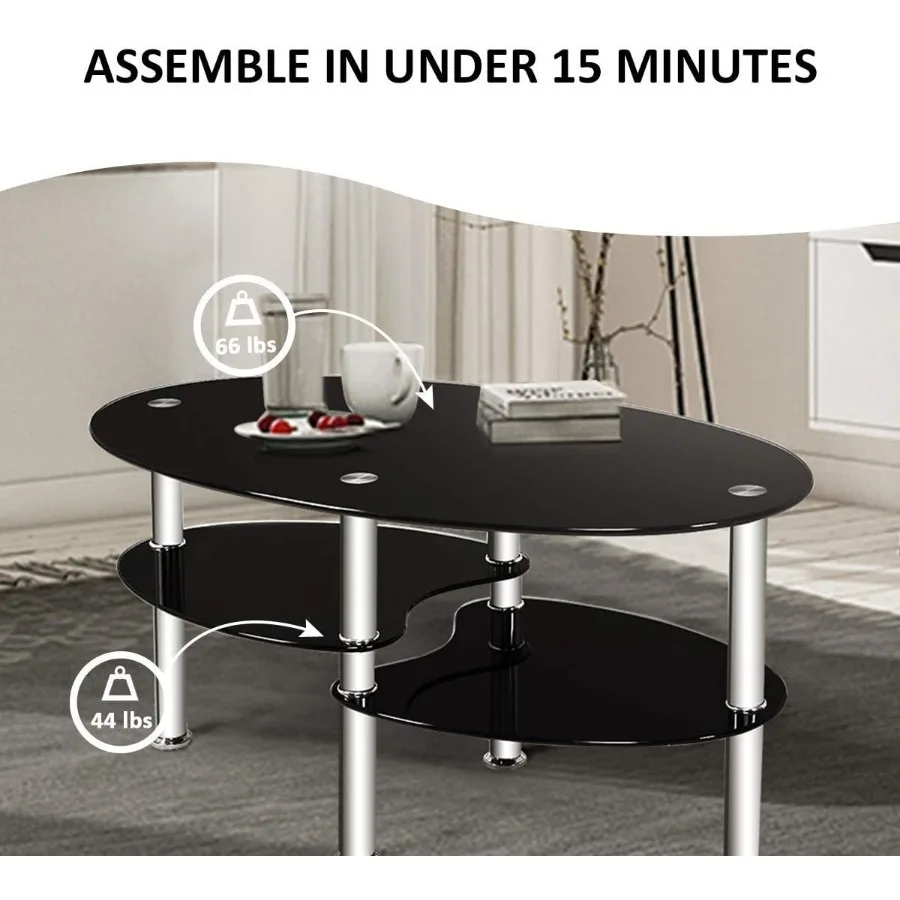 Glass Coffee Table, Modern Style Glass Shelves with Steel Legs for Living Room, Cocktail Tea Table (Black Glass)