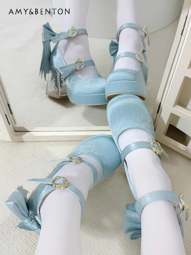 

Original Heavy Craftsmanship Elegant Princess Thick-Soled High Heels Round Toe Transparent High Heels Bow Satin Mary Jane Shoes