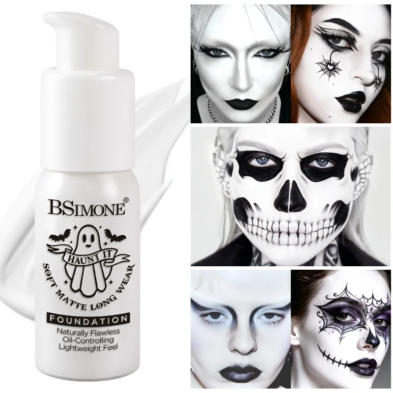 White Liquid Foundation, Matte Long‑Lasting Face Paint Foundation for Halloween Stage Cosplay, Skull Zombie Creative Makeup Base