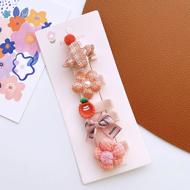 5Pcs/Set Baby Girl Cute Cartoon Flower Bow Lace Hair Clips Children Coffee Color Lamb Wool Dot Hairpins Kid Fur Hair Accessories