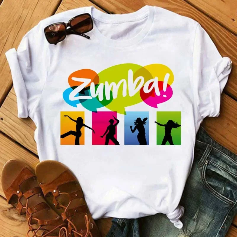 2024 Foreign Trade Zunba Dance Round Neck Printed T-shirt Women's Clothing Laughable Graphic Printing T-shirt Crew Neck