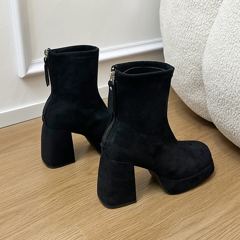 2026 Neue Herbst-Winter Retro Dicksohlige Hochhackige Damenstiefel mit Rückenreißverschluss Kurze Stiefel Modische Vielseitige Damenschuhe – Detail 8