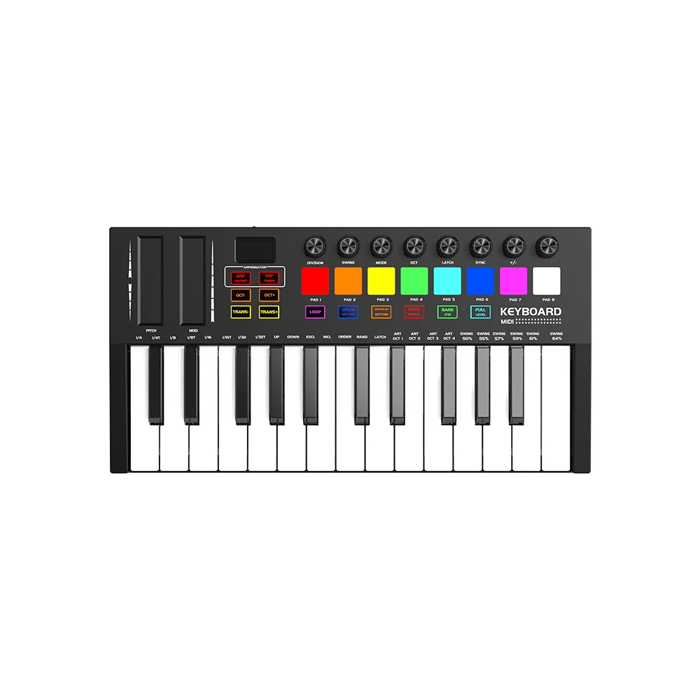 KONIX MD02T 25-Key Portable MIDI Keyboard Controller w/ OLED, 8 RGB Pads, 8 Knobs, Bluetooth, Arpeggiator – Compact Music Tool
