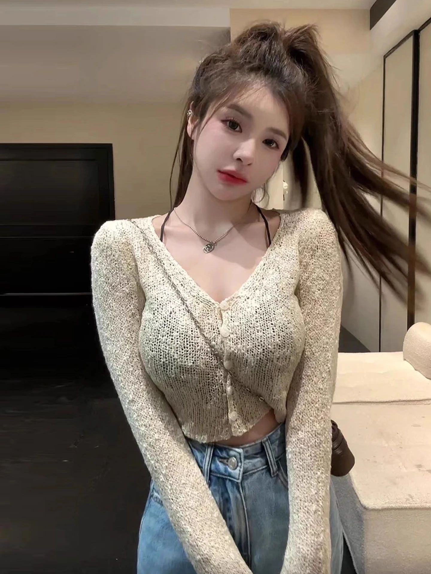 เสื้อคาร์ดิแกนถักแบบเปิด Cleanfit Long Sve สำหรับผู้หญิง รุ่นใหม่ต้นฤดูใบไม้ร่วง ดีไซน์เพรียวบาง เซ็กซี่ สีลูกกวาด ตกแต่งสวยงาม