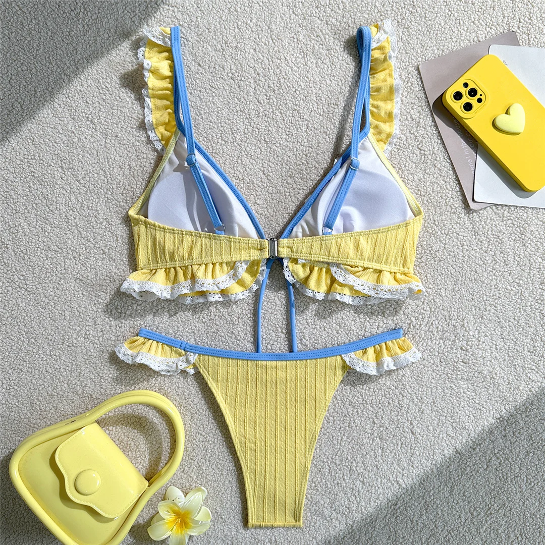 Neuer Bikini mit Rüschen und V-Ausschnitt, Spitze, Damen-Badebekleidung, zweiteiliger Bikini-Set, hoher Beinausschnitt, Badeanzug, Badebekleidung, V7844 – Detail 7