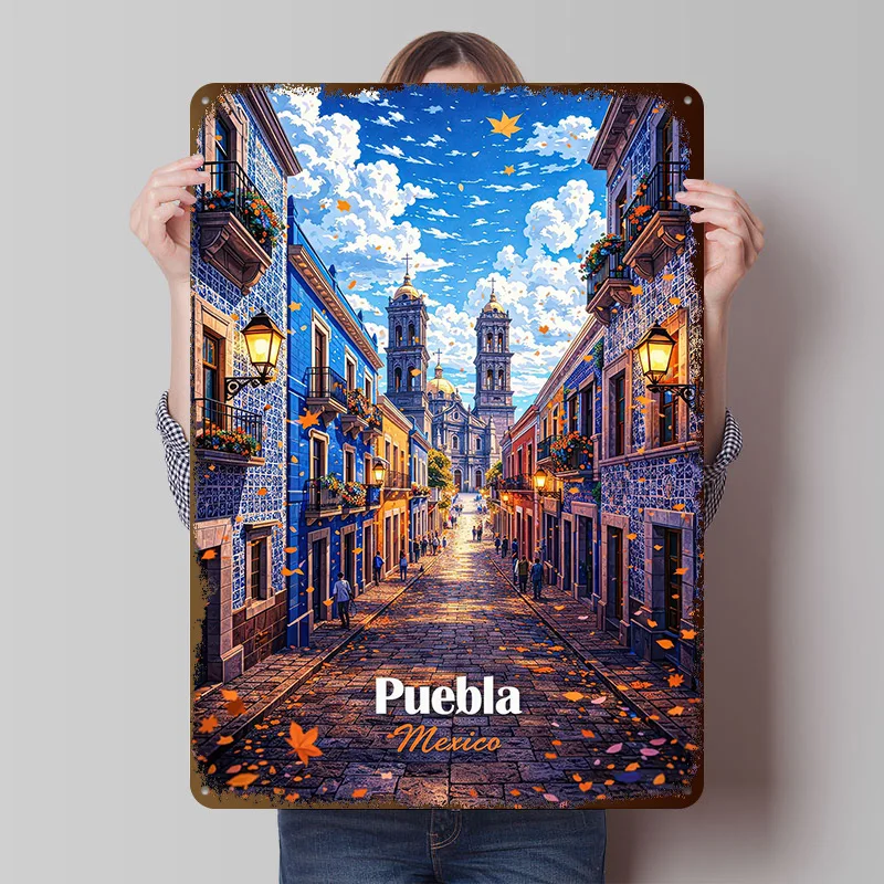 Póster Impreso con Escena Urbana de Puebla, México, Arte Mural Personalizado, Letreros Metálicos Retro Vintage para Decoración de Casa, Dormitorio, Sala de Juegos