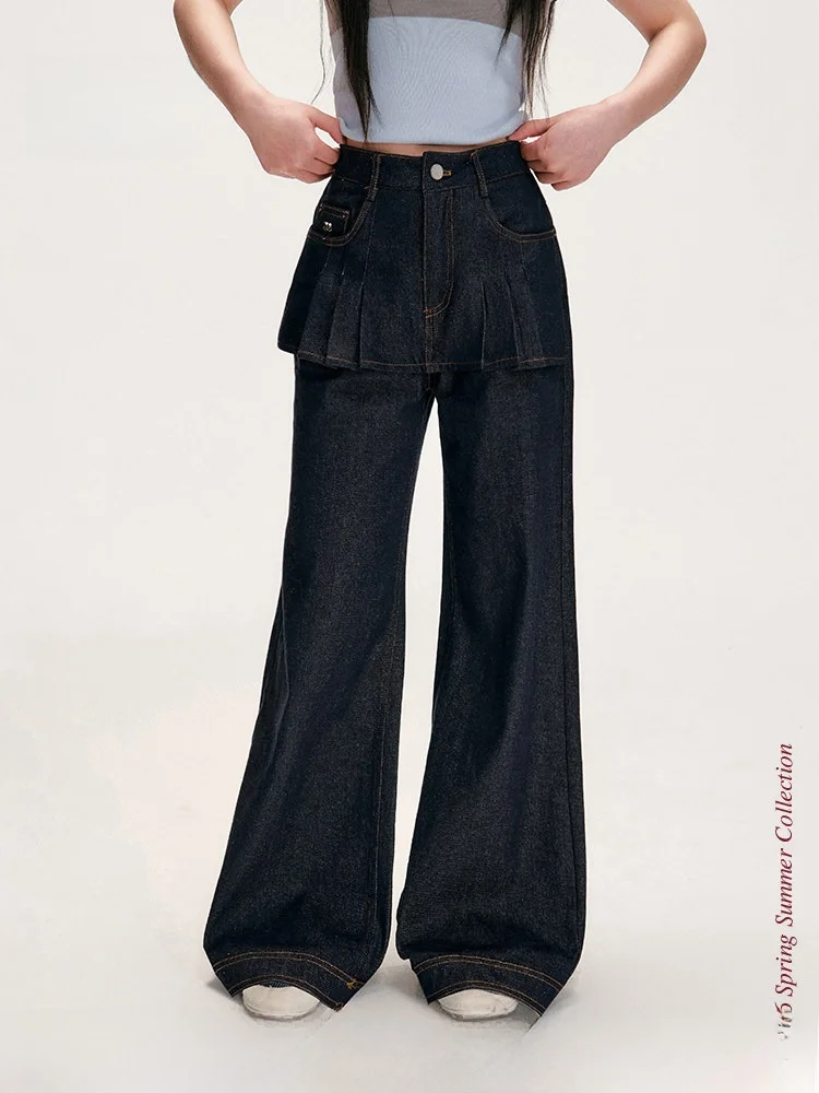 

Liilou Retro Denim Cotton Pleated Skirt Wide Leg Fake Two-Piece Jeans High Waist Zipper Closure Color Casual Pants