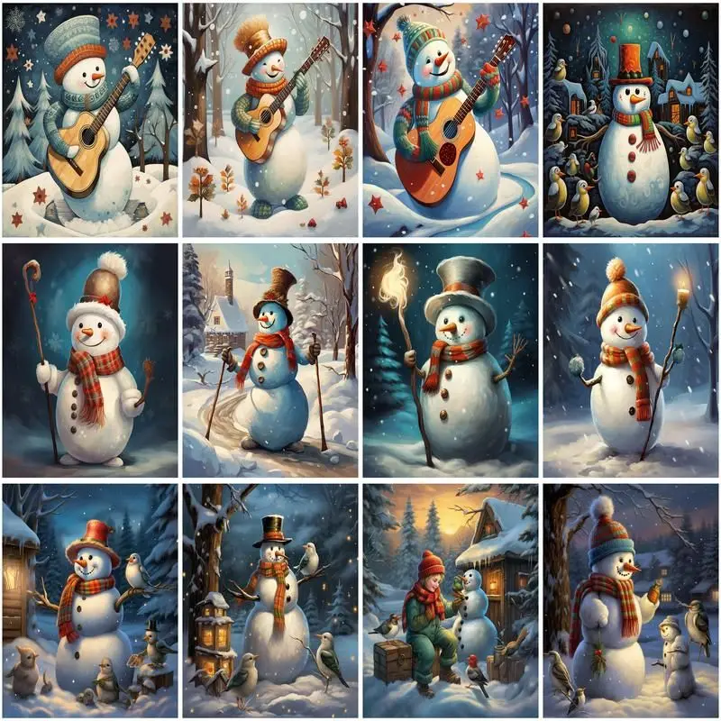 

CHENISTORY Oil Painting By Number Snowman Paint On Canvas Pictures By Number Winter Landscape DIY Frame Home Decoration