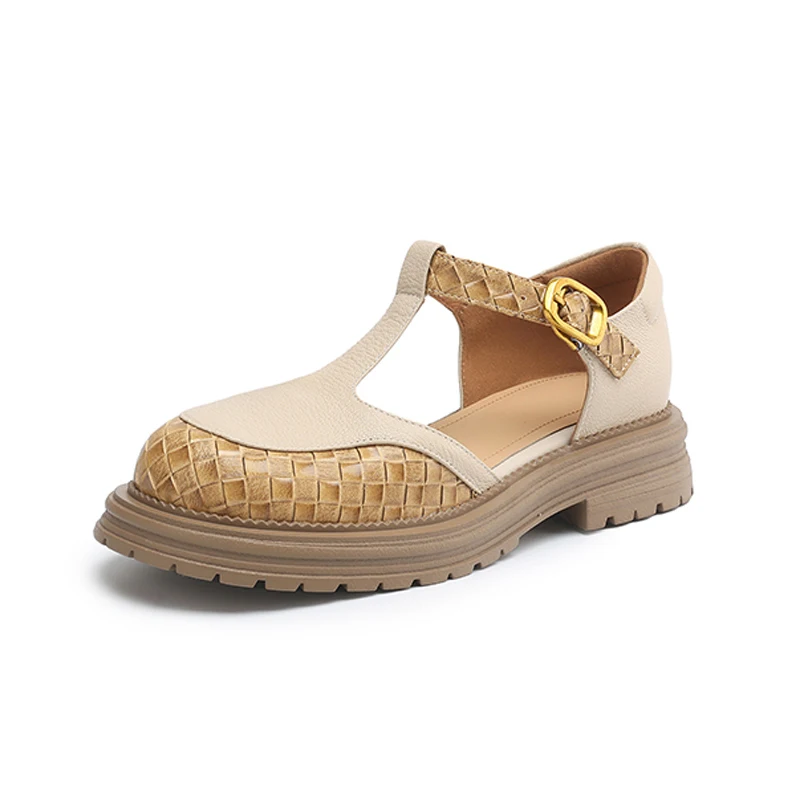 

Сандалии-броги, женские сандалии из коровьей кожи с круглым носком и пряжкой, летние женские офисные туфли на платформе с Т-образным ремешком ручной работы