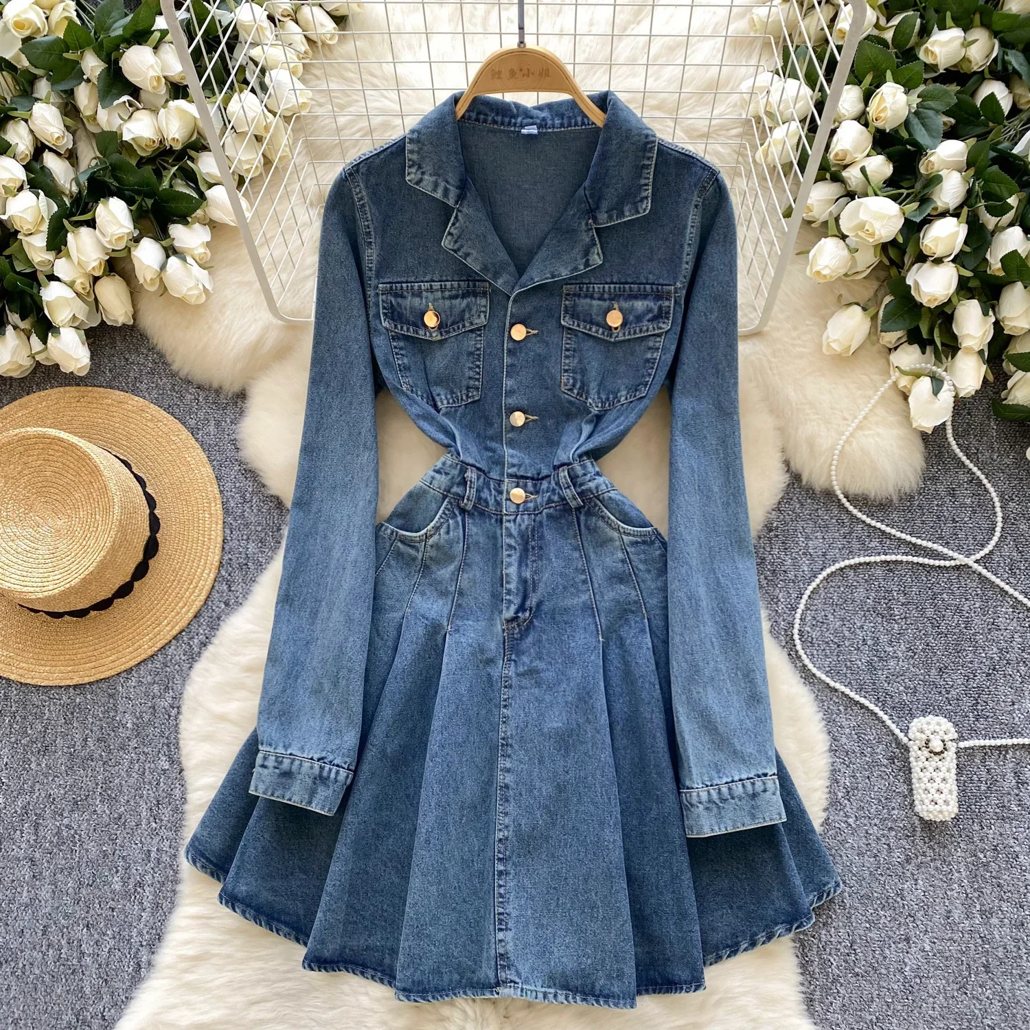 

Retro Fried Street Design Sense Denim Dress, Hot Girl Style Ladies Autumn New Fashion Slim High-waist Long-sleeved Short Dress