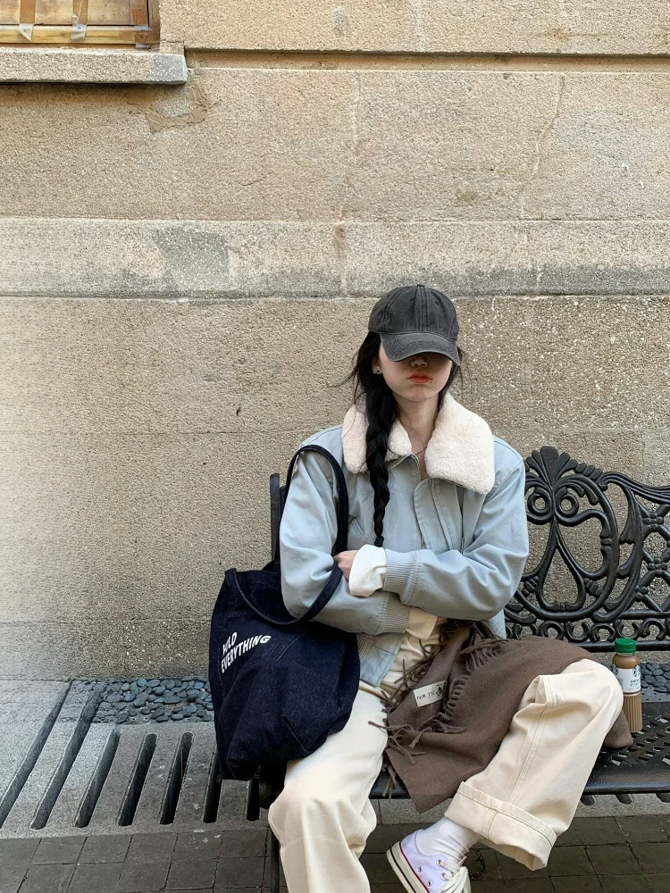 

FEMPILOT Blue Collar Warm Cotton Jaet Simple Sle Korean Leisure Women's ort Outerwear Commute Wind Regular Fit