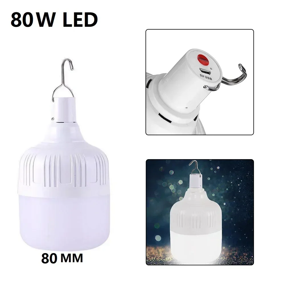 Bombilla LED de emergencia recargable por USB para exteriores, luces de emergencia con batería, lámpara portátil para Patio, porche y jardín, 80W