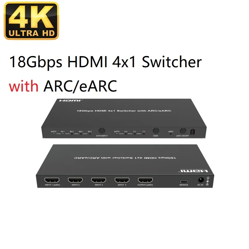 

HDMI 2.0 Switch Selector 4x1 with ARC eARC HDR 10+ Dolby Vision Atmos HDCP2.2 Video Switcher 18Gbps HDR 4K 60Hz for Soundbar