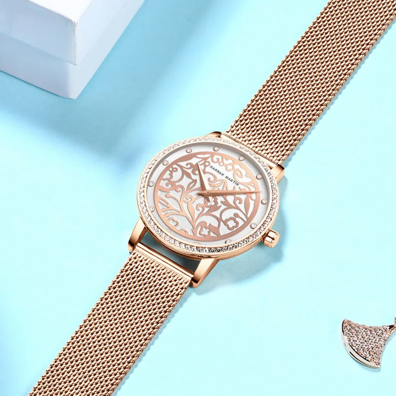 New Design Stainless Steel&leather Mesh Belt Three-dimensional Relief Pattern Luxury Elegance Lady Quartz Watch