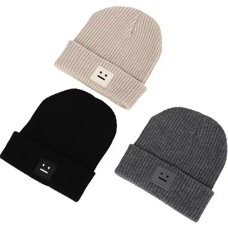 Winter Knit Beanie with Smiley Face - Warm Earmuff Hat for Men Women, Fashionable Cold Weather Cap