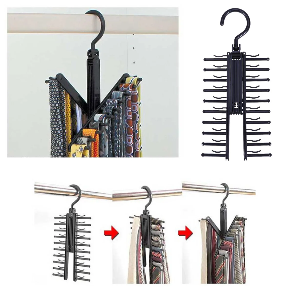 

3pcs Multifunctional Tie Hanger Black Abs Space Saving Double Sided Hanging Rack For Neckties Scarves Belts Lightweight