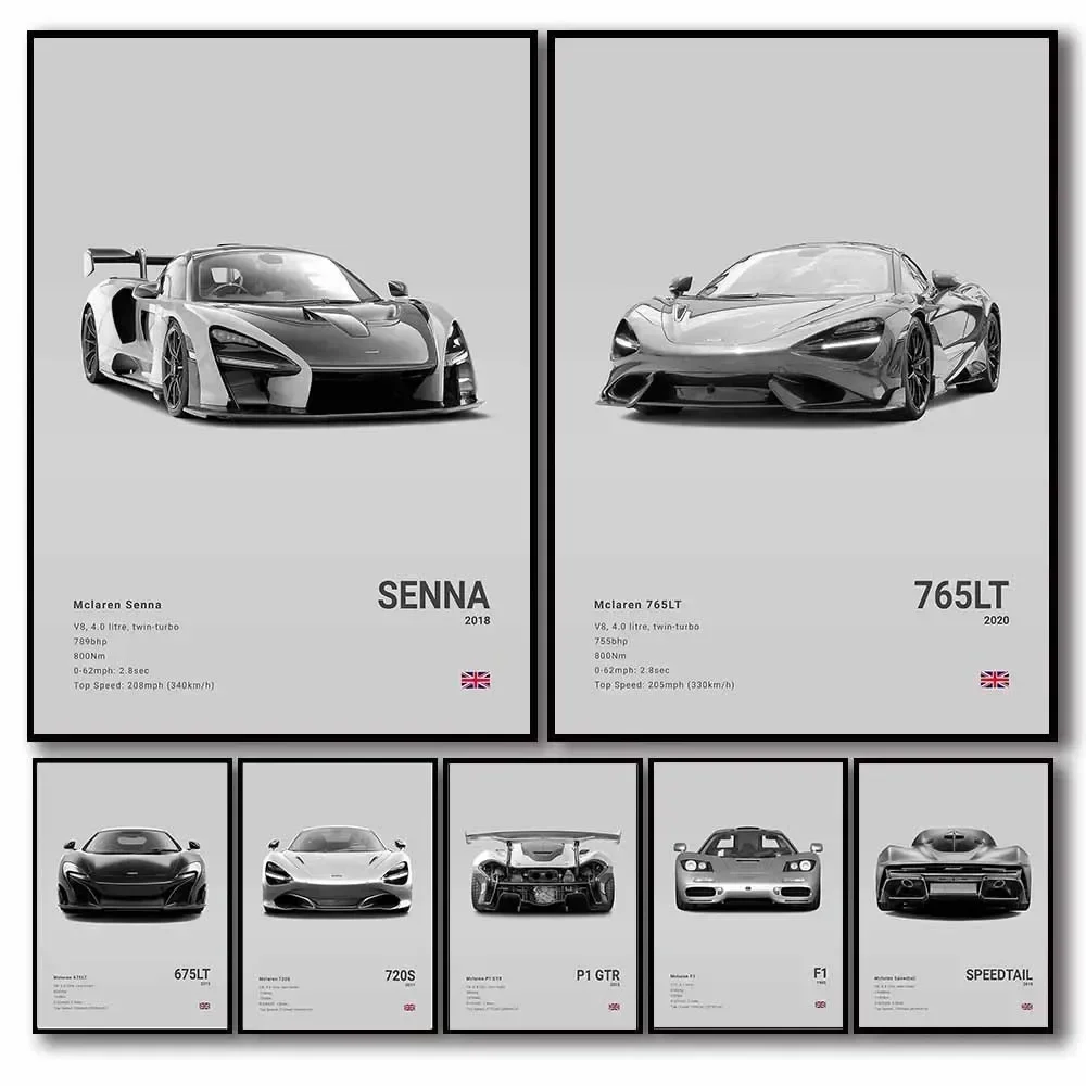 Aesthetic Supercar Sports P1 GTR Speedtail 720s Pop Nordic Luxury Car F1 Senna Poster Canvas Print Wall  Garage Room Decor