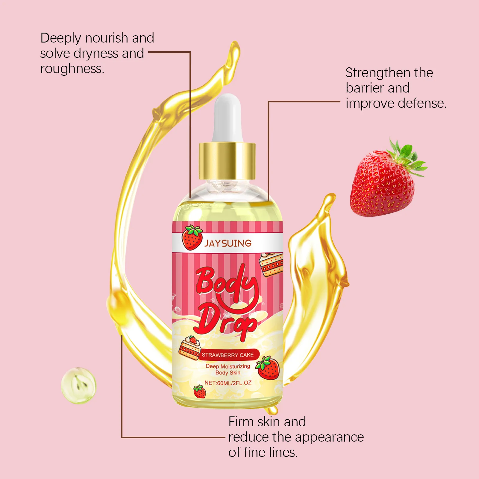 JAYSUING Strawberry Cake Body Oil Deep Hydrate Improve Roughness Brighten Skin Tone Enhance Elasticity Massage Skin Soothing Oil